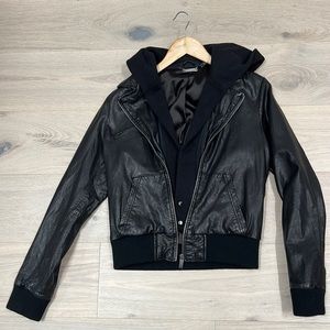 Leather jacket with hood